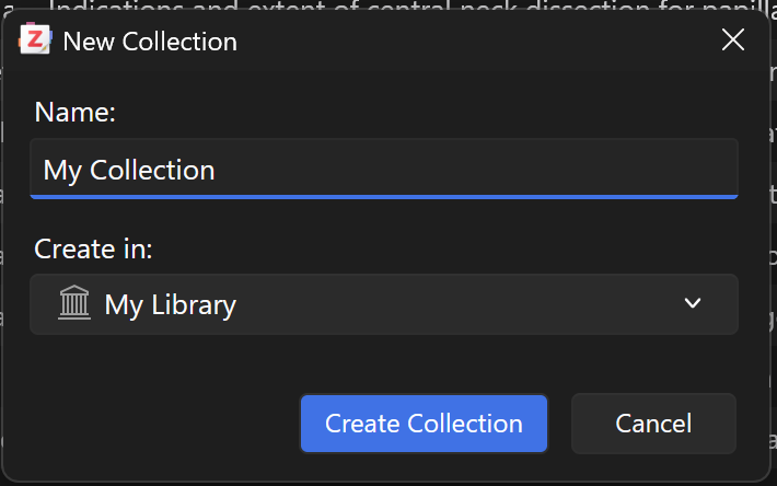 Creating a new collection named 'My Collection'