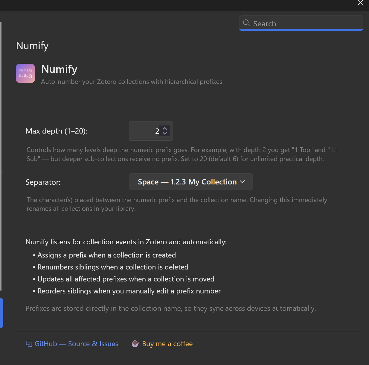 Numify settings pane showing Max depth and Separator options