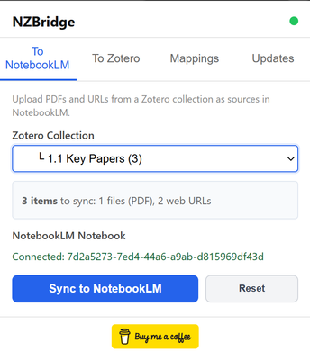 NZBridge extension showing a selected Zotero collection ready to sync