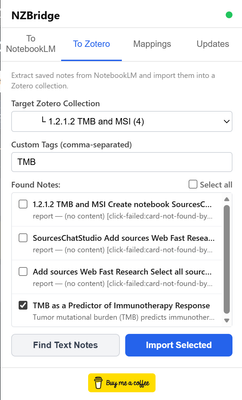 NZBridge To Zotero tab showing found notes ready for import