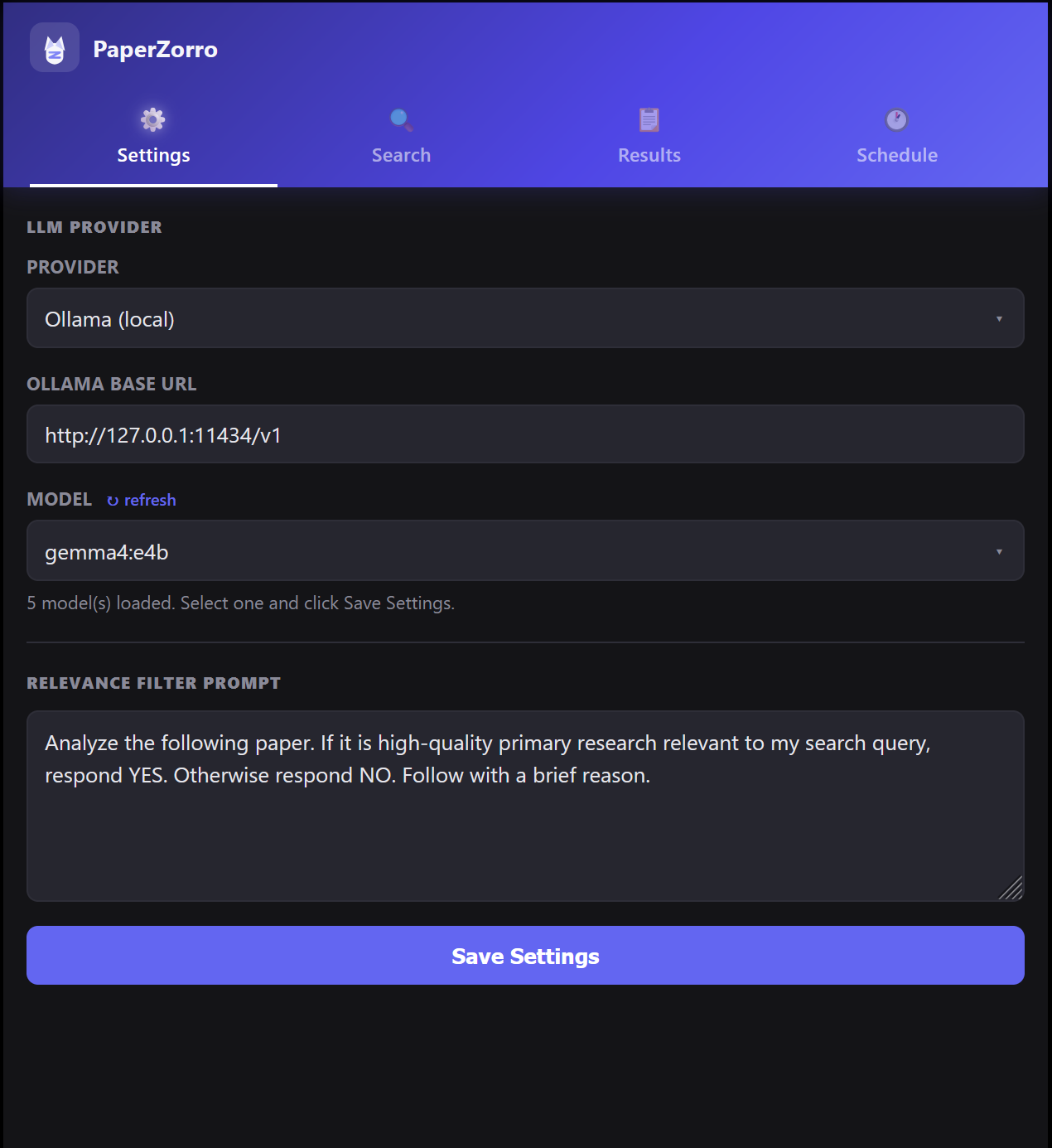 PaperZorro settings showing LLM provider and relevance filter prompt