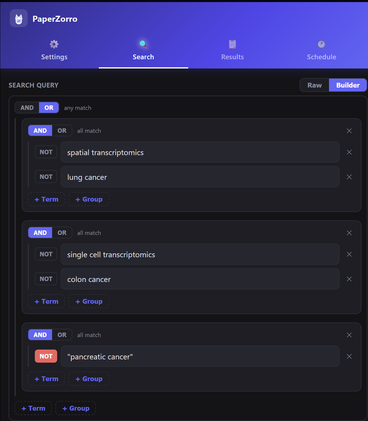 PaperZorro visual query builder with nested AND/OR/NOT groups