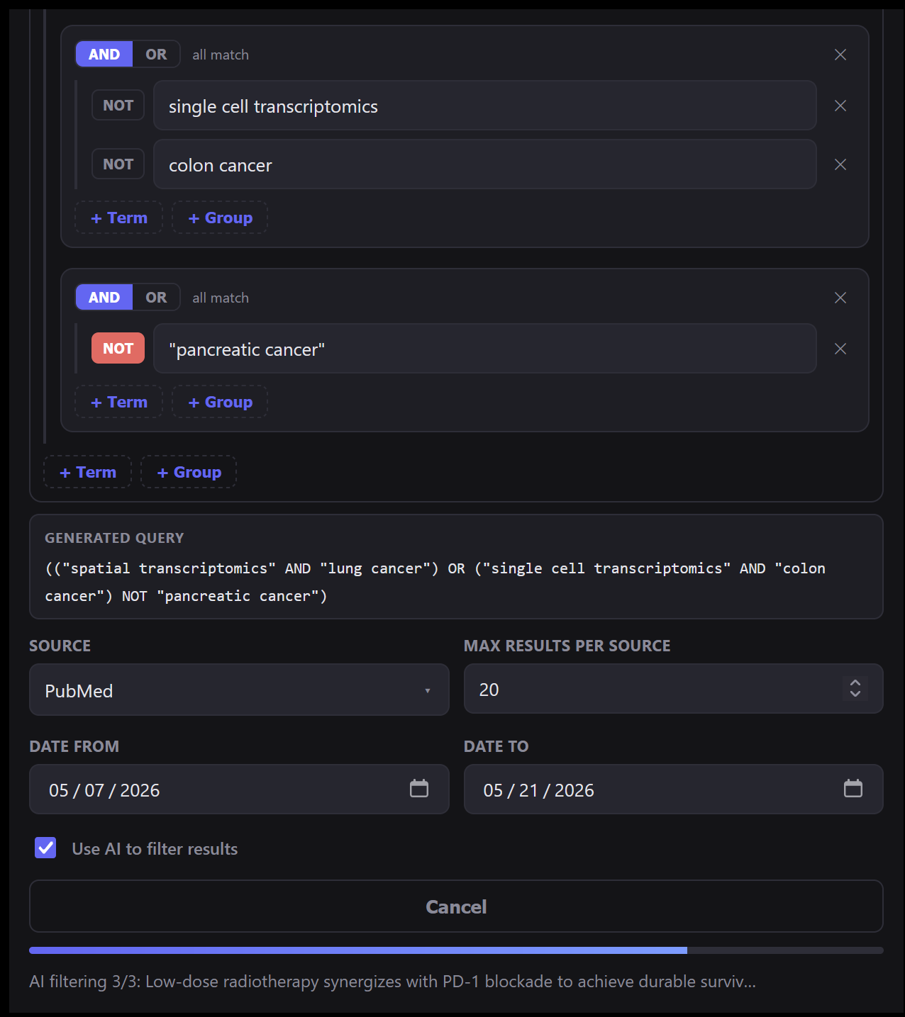 Generated query, source options, and AI filtering in progress