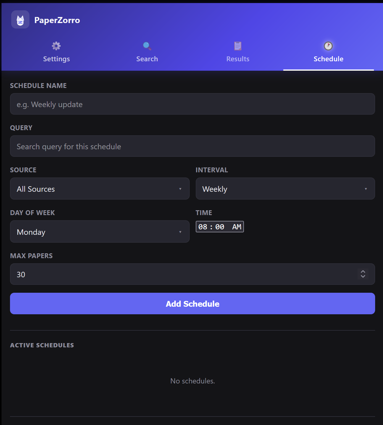 PaperZorro schedule tab showing recurring automated searches